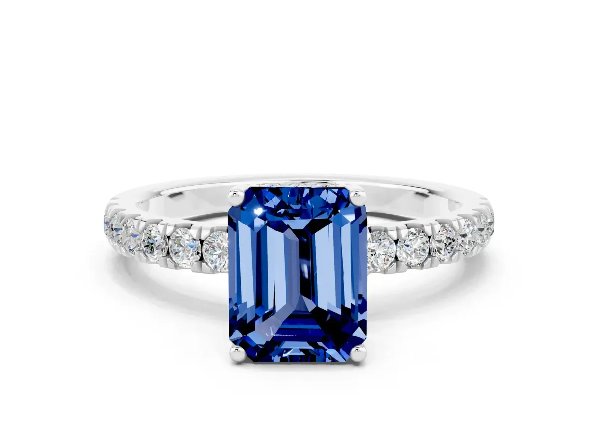Emerald Cut Blue Sapphire Pave Band Solitaire Ring with Round and Prong Setting Platinum