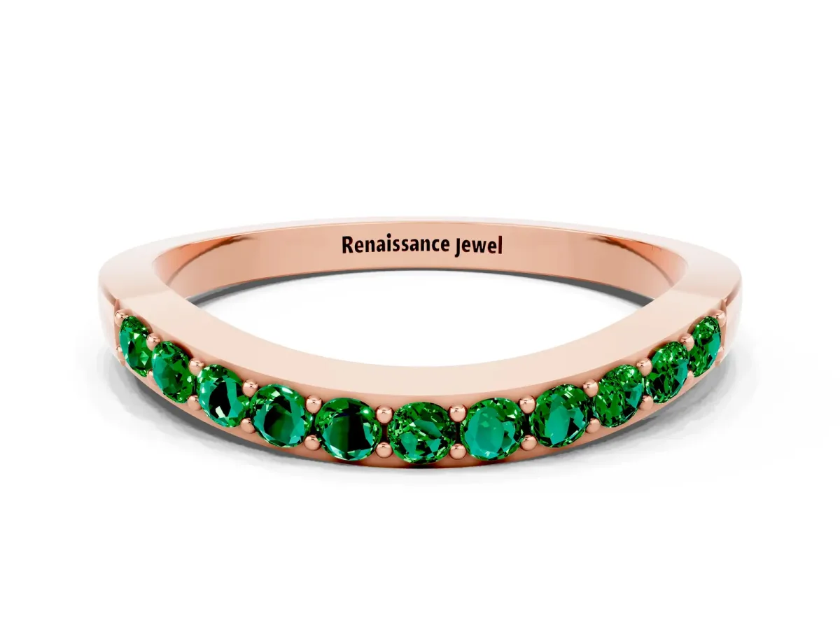 Round Emerald Curved Wedding Band with Channel Setting Rose gold