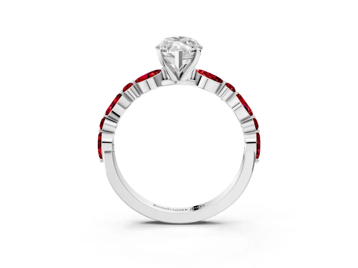 Marquise Cut Diamond Ring with Marquise and Round Ruby Side Stones and Four-Prong Setting Silver
