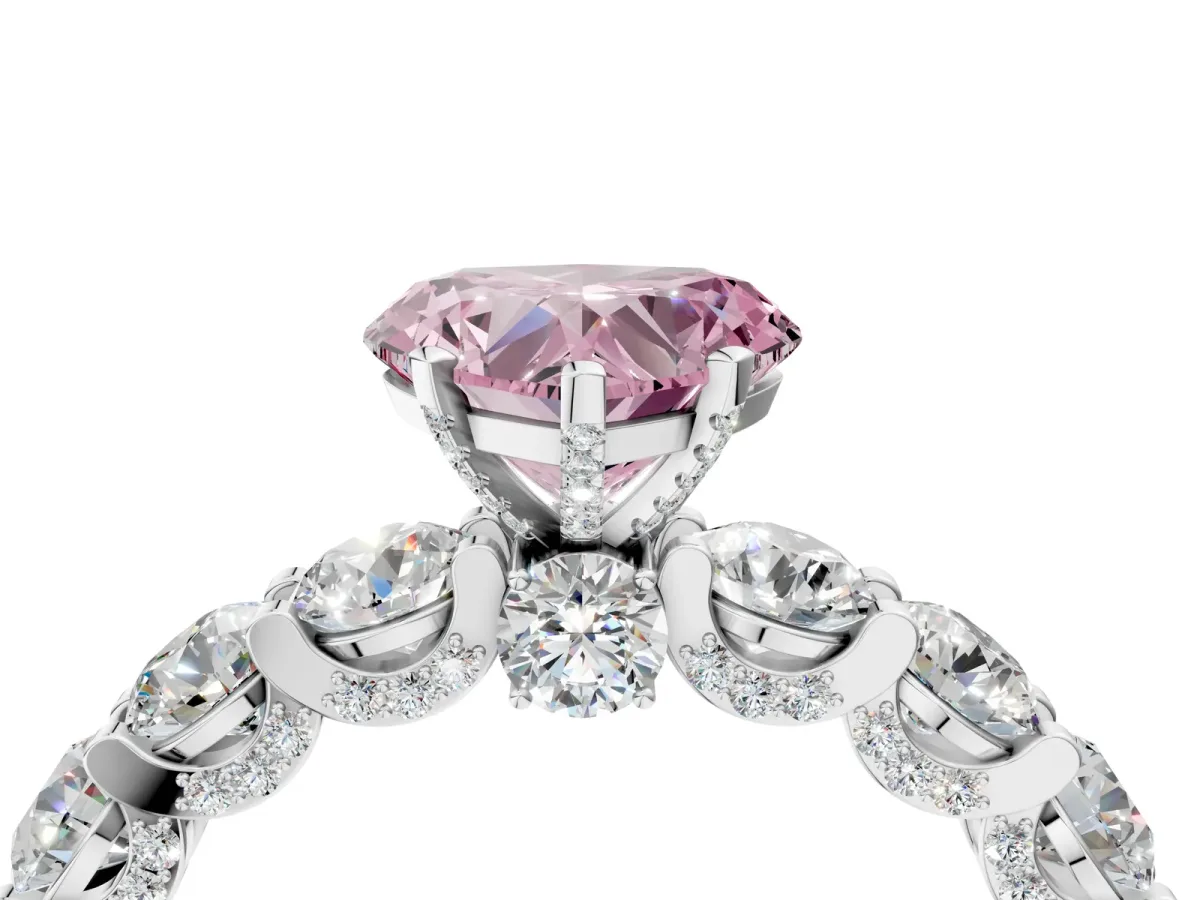 Fancy Pink Heart Cut Diamond Side Stone Engagement Ring with Four-Prong Setting White gold