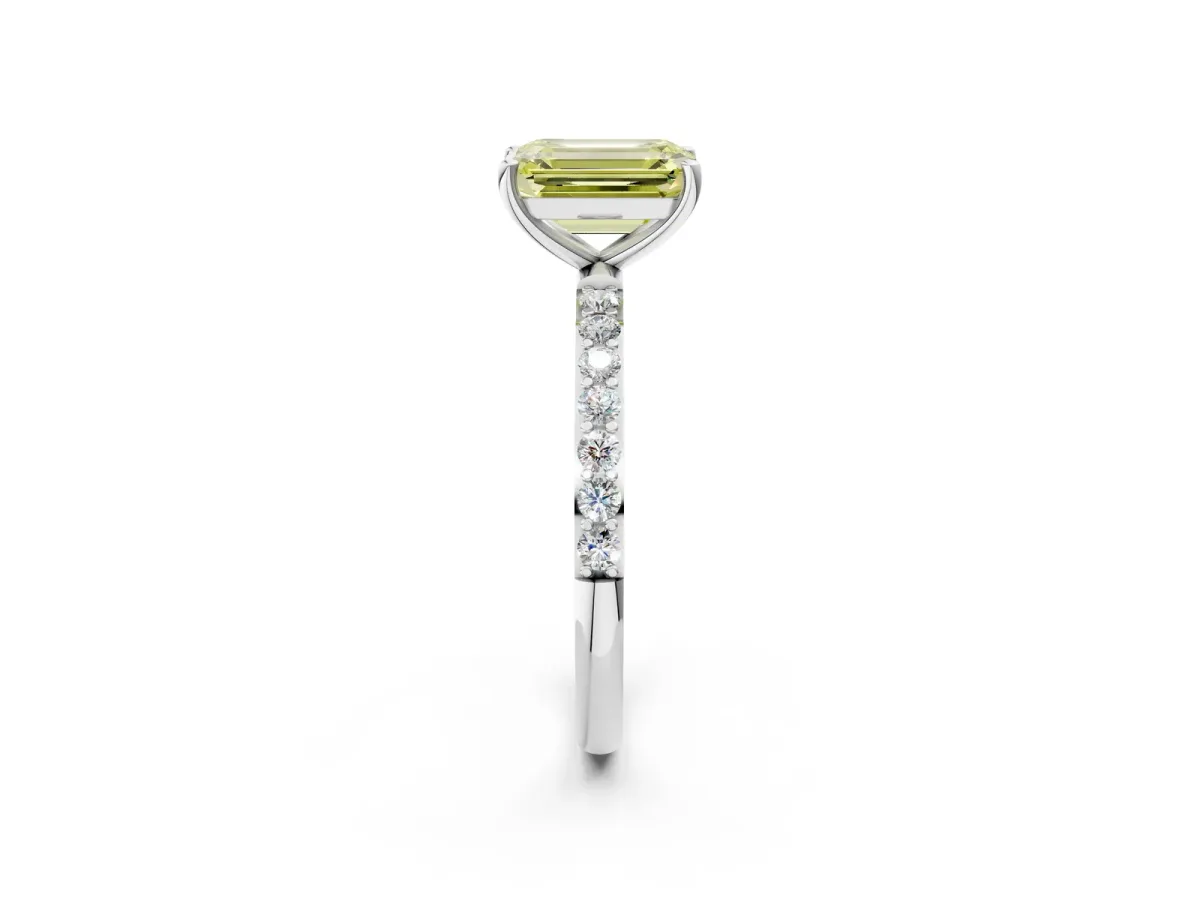 Fancy Yellow Emerald Cut Diamond Solitaire Ring with Round Pavé Shoulders and Prong Setting Silver