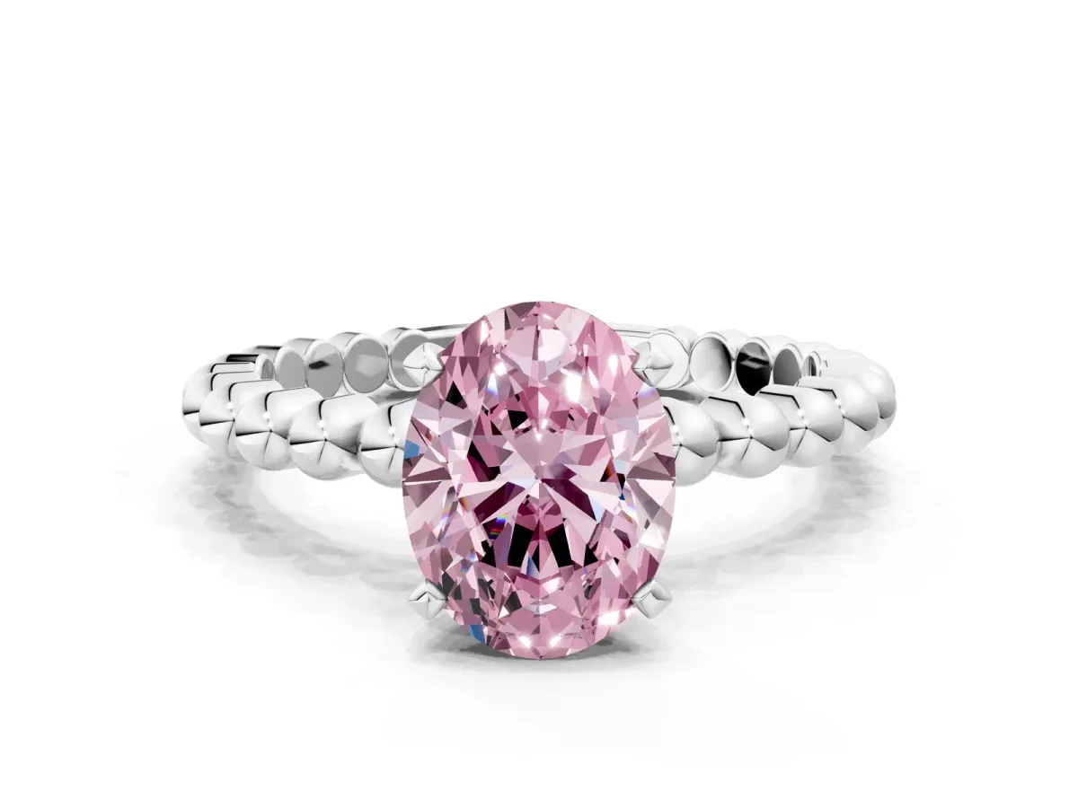Fancy Pink Oval Cut Diamond Solitaire Ring with Beaded Band and Prong Setting White gold