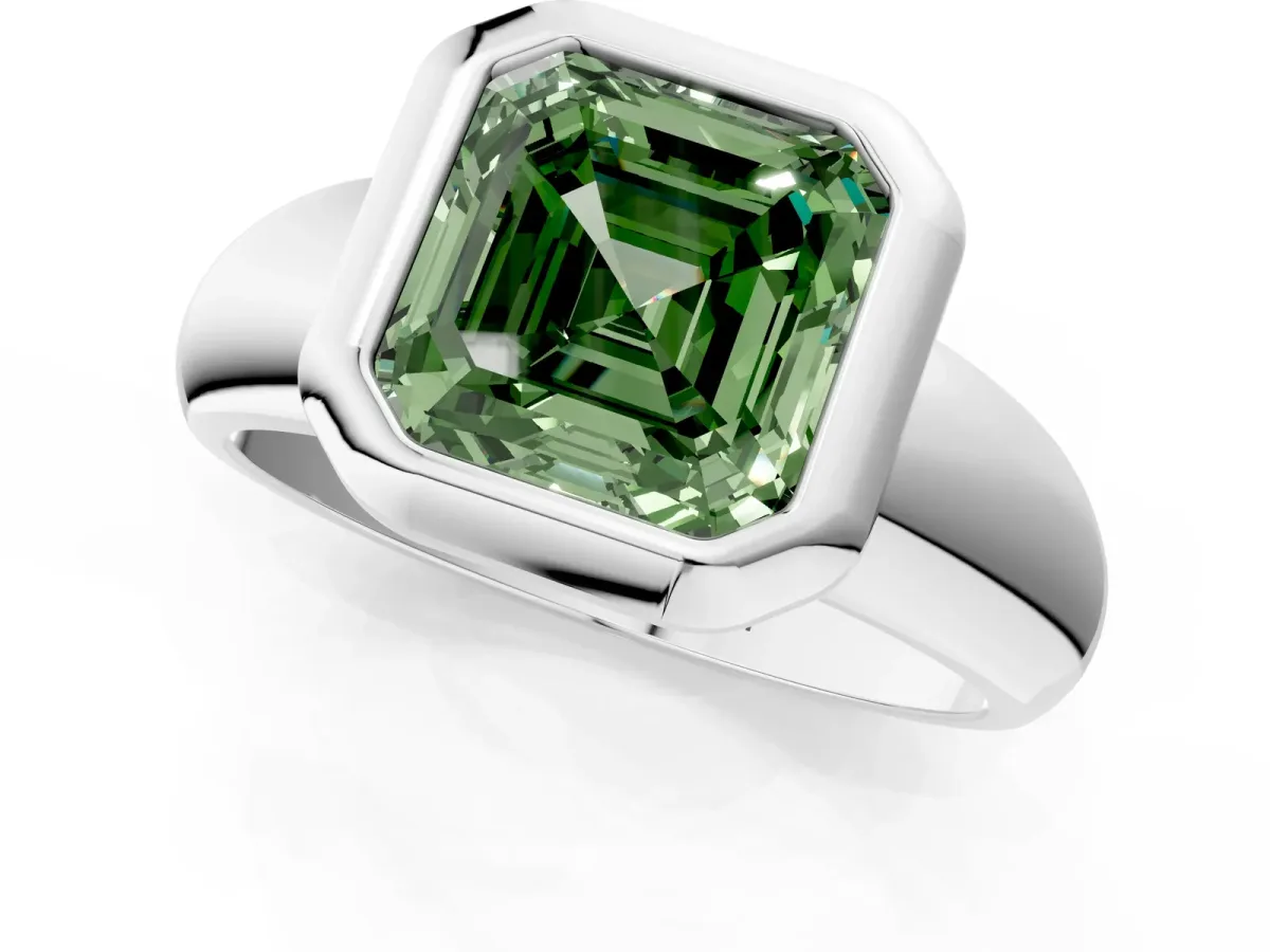 Fancy Green Bezel Set Asscher Cut Solitaire Ring with Wide Band Platinum