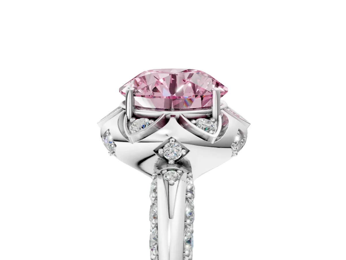Fancy Pink Round Cut Halo Split Shank Pave Diamond Ring with Petal Prong Setting Platinum