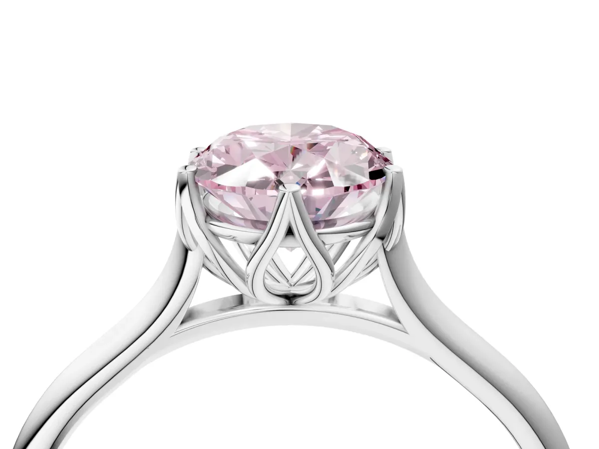 Fancy Pink Oval Cut Solitaire Cathedral Diamond Ring with Six-Prong Setting Silver