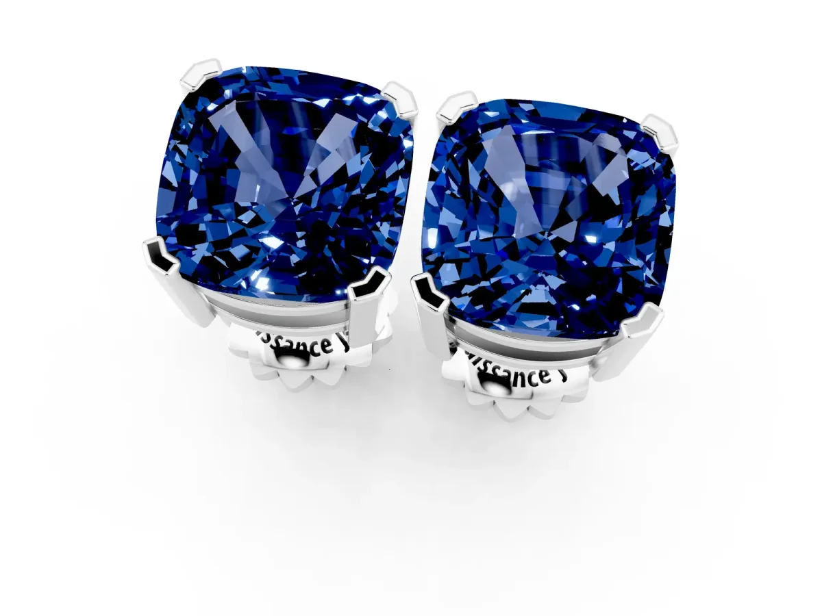 Cushion Cut Blue Sapphire Stud Earrings Silver