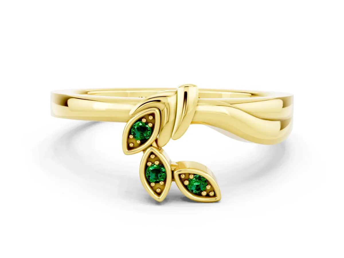 Three-Stone Round Emerald Leaf Bypass Ring with Bezel Setting Yellow gold