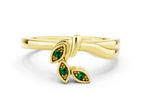 Three-Stone Round Emerald Leaf Bypass Ring with Bezel Setting Yellow gold