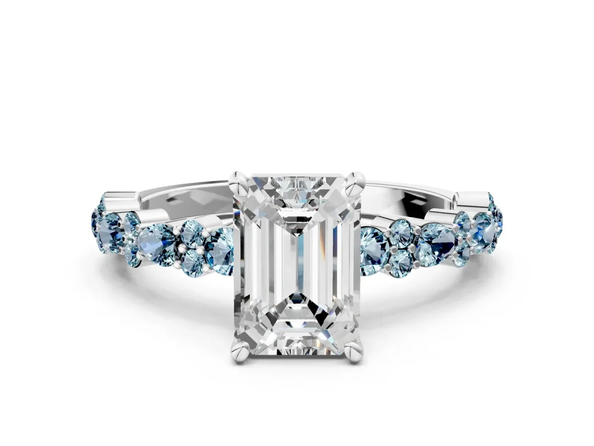 Emerald Cut Diamond Side Stone Solitaire Ring with Round Aquamarine and Four-Prong Setting Silver