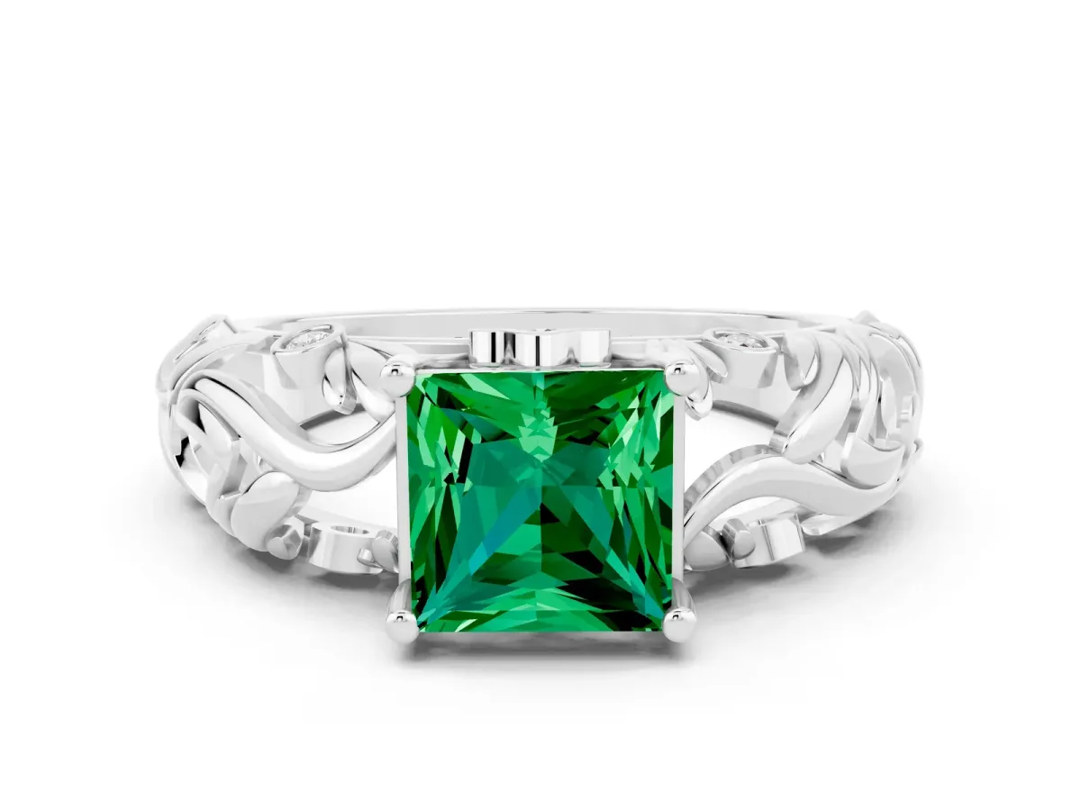 Princess Cut Solitaire Emerald Leaf-Inspired Vine Band Ring with Prong Setting White gold