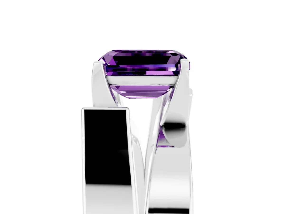 Modern Tension Set Emerald Cut Amethyst Solitaire Wide Band Ring Platinum