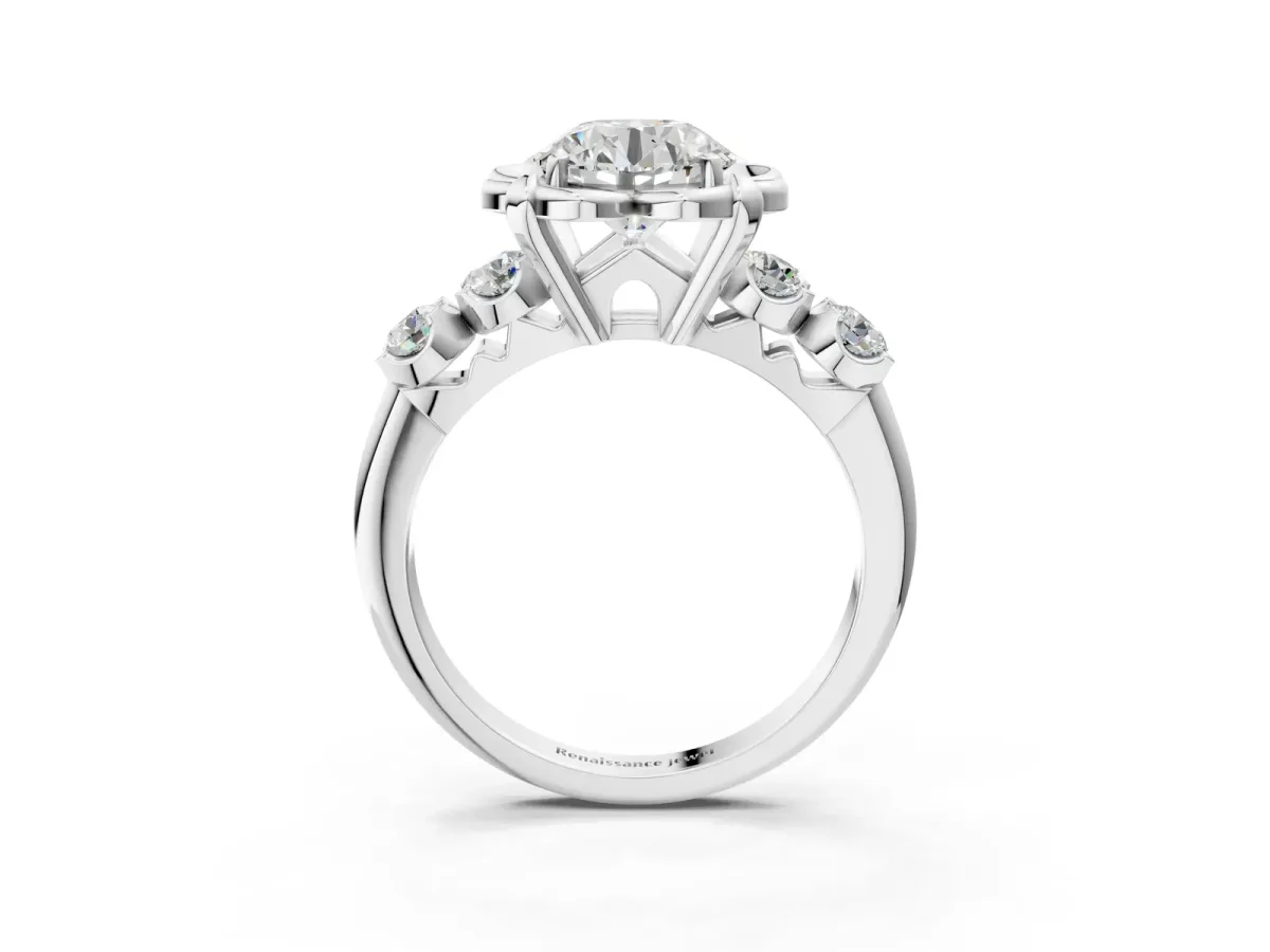 Round Cut Cut Diamond Floral Halo Engagement Ring with Shared Prong Setting Platinum