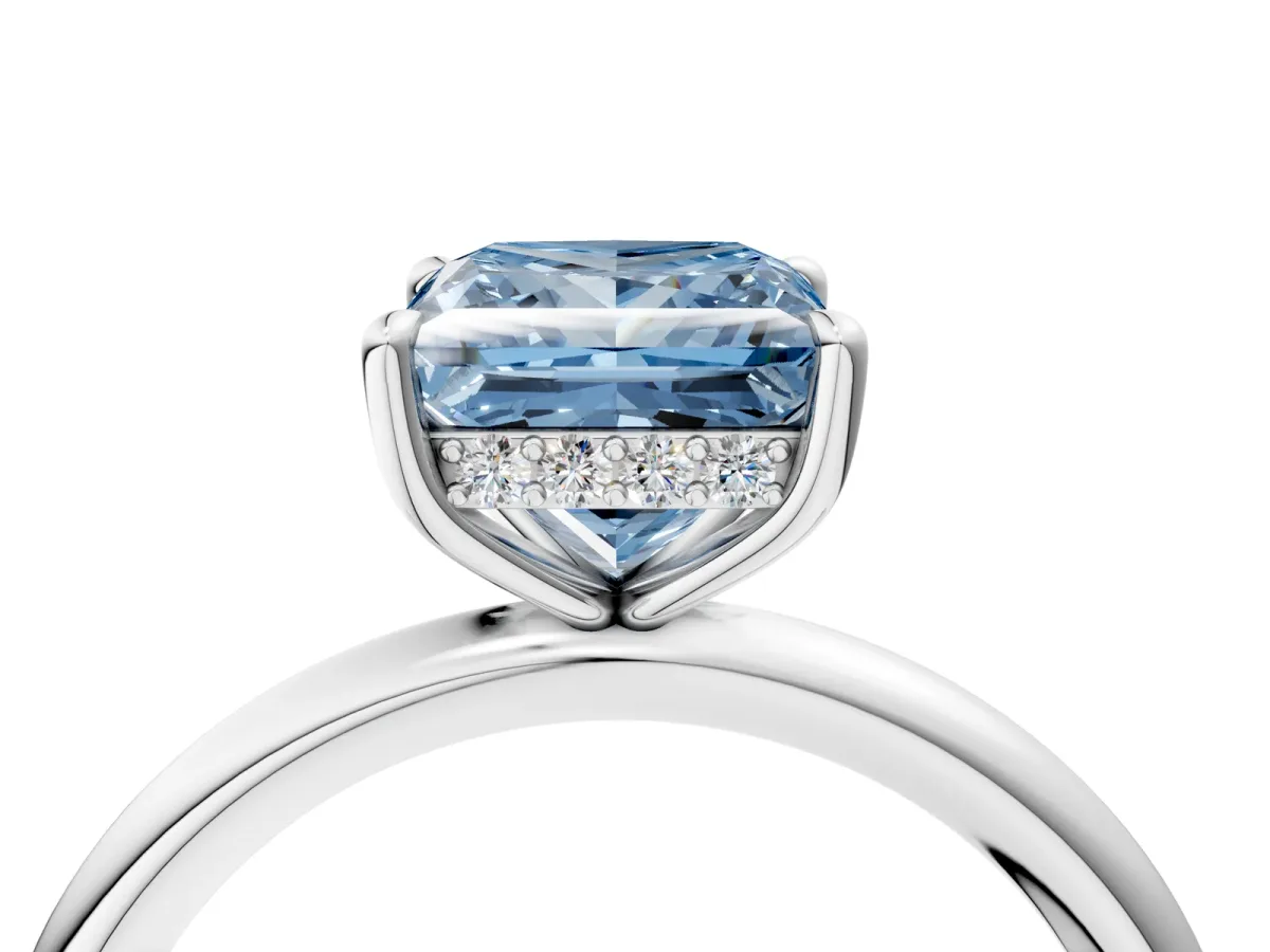 Fancy Blue Princess Cut Diamond Solitaire Ring with Thin Band and Four-Prong Setting White gold