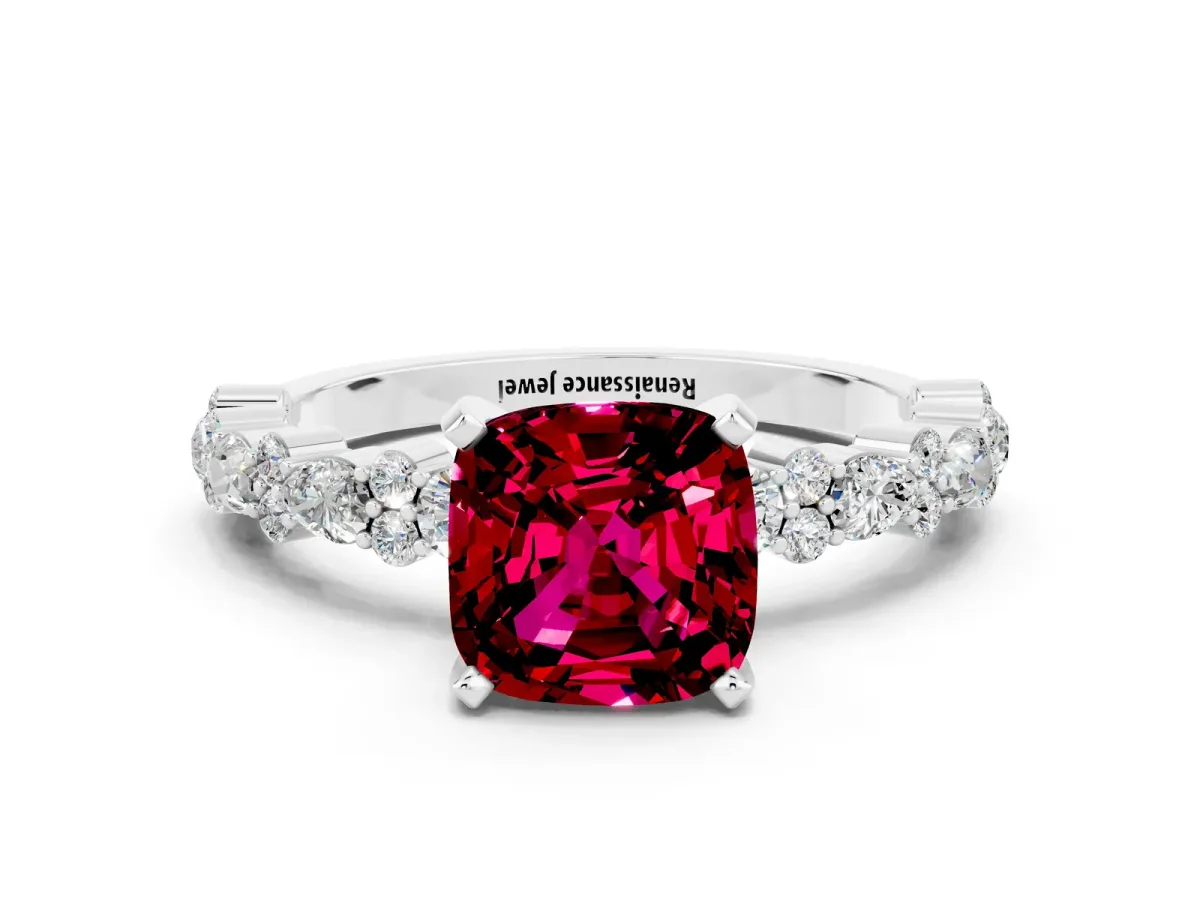 Cushion Cut Garnet Side Stone Solitaire Ring with Round and Four-Prong Setting Platinum