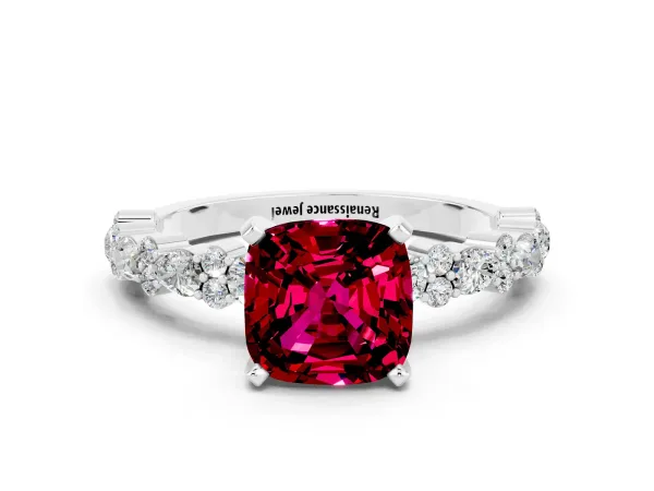 Cushion Cut Garnet Side Stone Solitaire Ring with Round and Four-Prong Setting White gold