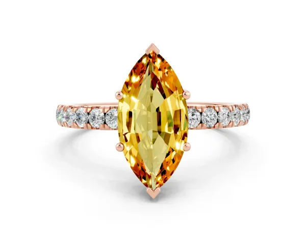 Marquise Cut Citrine Pave Band Solitaire Ring with Round and Prong Setting Rose gold
