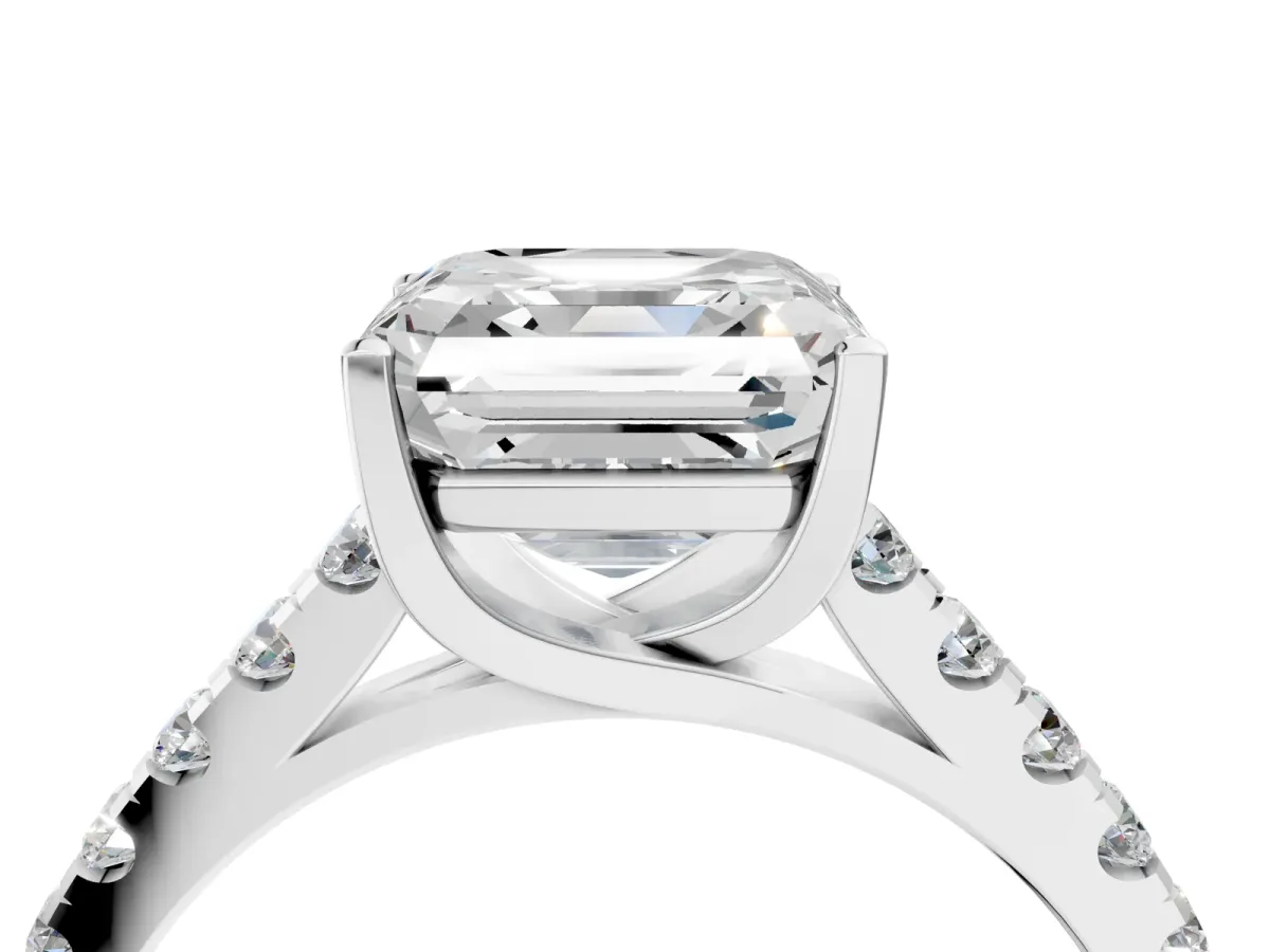 Asscher Cut Diamond Pavé Band Solitaire Ring with Prong Setting Platinum
