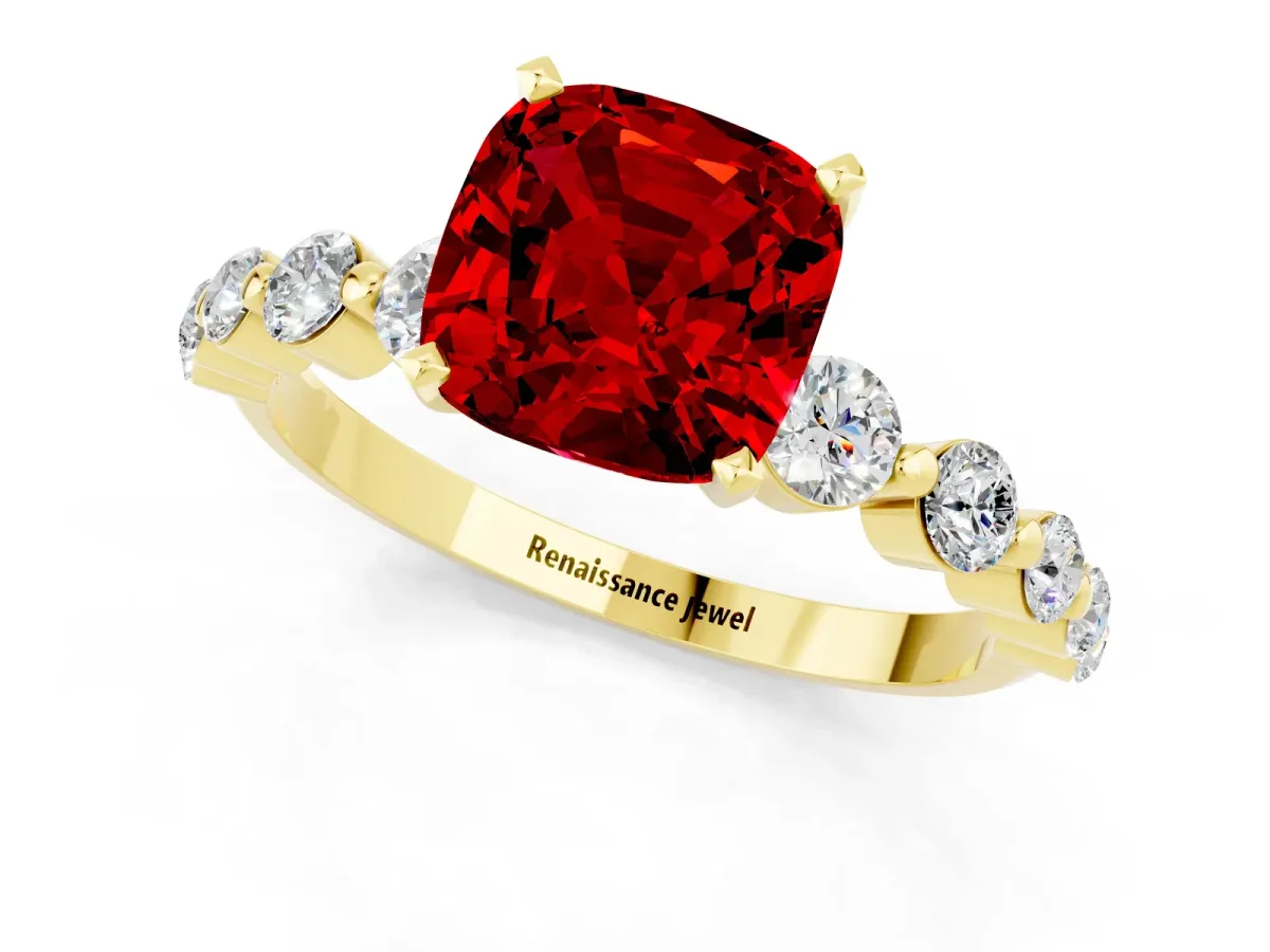 Cushion Cut Solitaire Ruby Ring with Pave Band and Four-Prong Setting Yellow gold