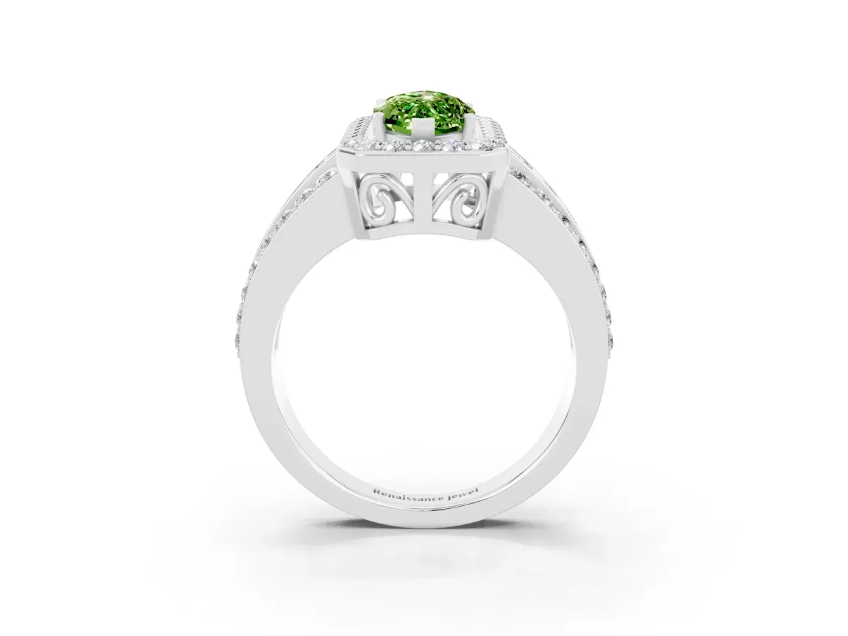 Marquise Cut Halo Peridot Ring with Round Split Shank and Prong Setting Platinum