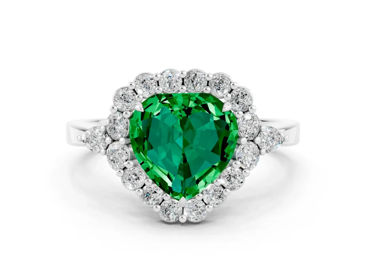 Heart Cut Emerald Halo Ring with Pear Side Stones and Prong Setting Silver