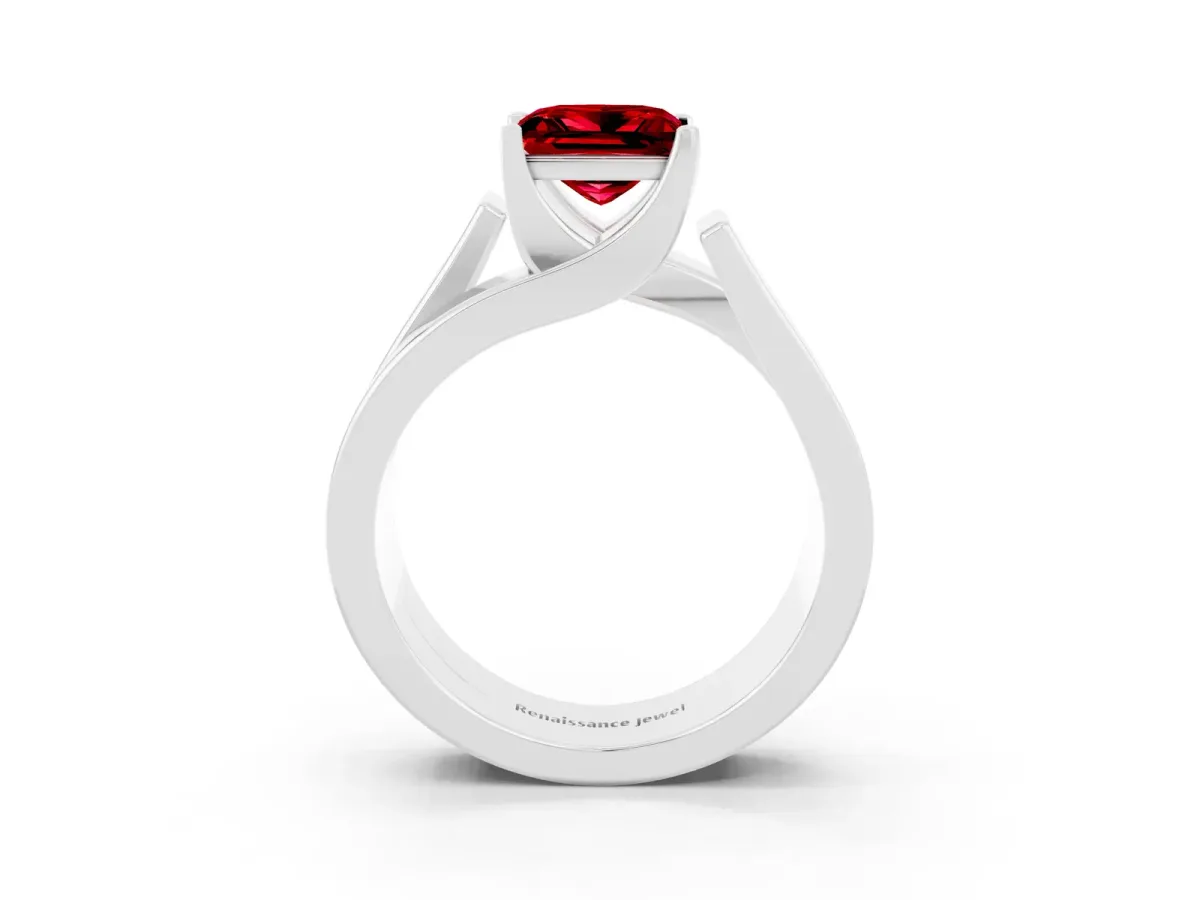 Modern Tension Set Princess Cut Ruby Solitaire Wide Band Ring White gold