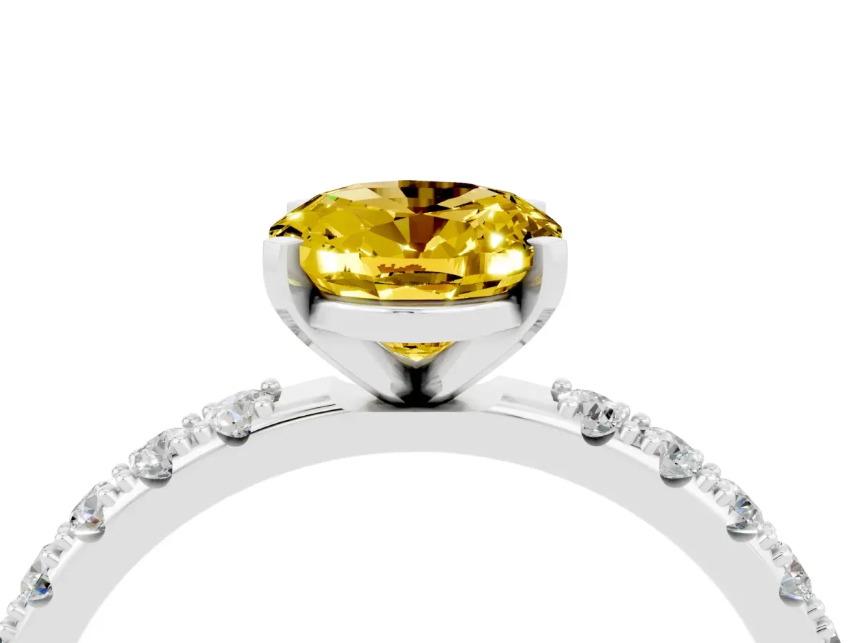 Oval Cut Yellow Sapphire Solitaire Pavé Band with Four-Prong Setting Silver