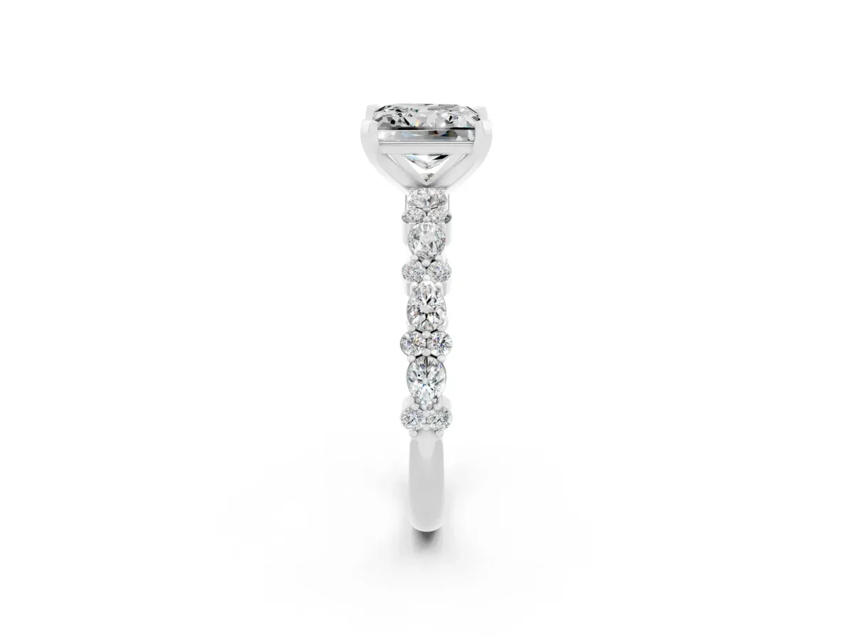 Princess Cut Moissanite Side Stone Solitaire Ring with Round and Four-Prong Setting Silver