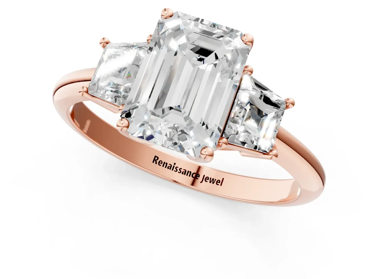 Emerald Cut Diamond Three-Stone Ring with Trapezoid Side Stones and Prong Setting Rose gold