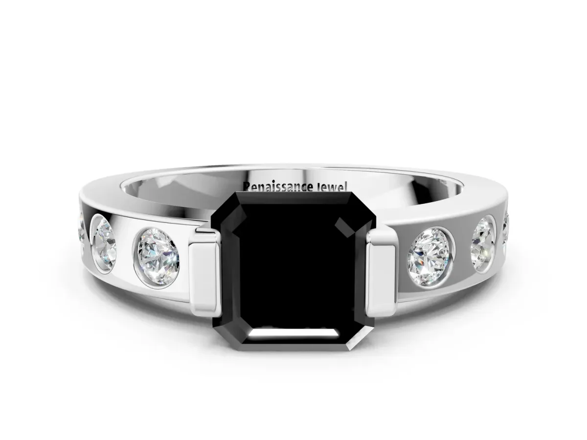Fancy Black Asscher Cut Brilliant Channel-Set Diamond Ring with Bezel Prong Setting Platinum