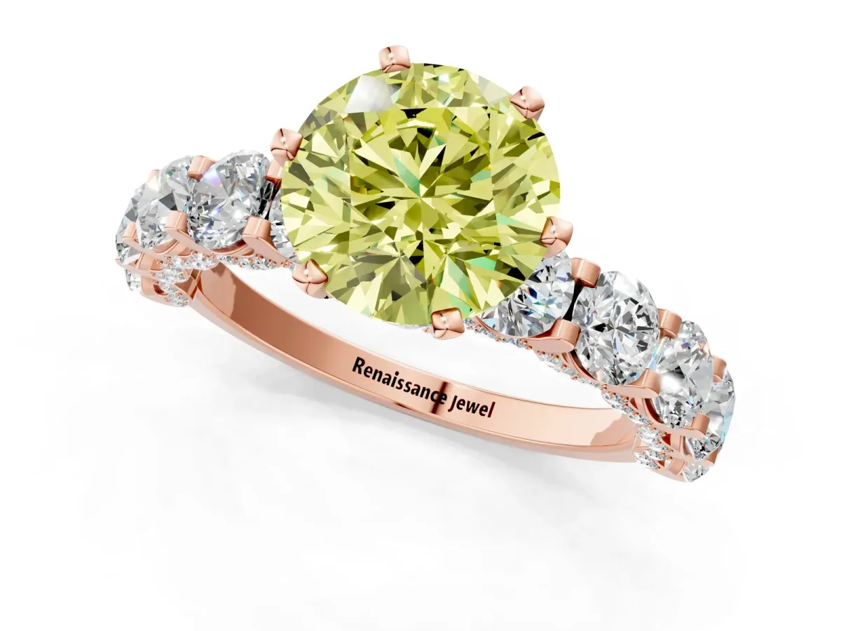 Fancy Yellow Round Cut Diamond Side Stone Engagement Ring with Four-Prong Setting Rose gold