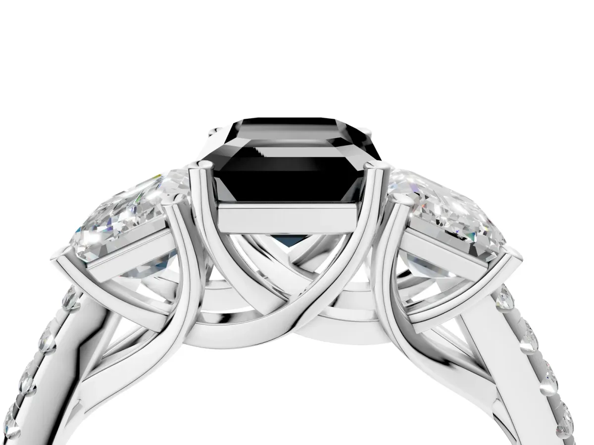 Fancy Black Three-Stone Emerald Cut Diamond Ring with Round Pavé Band and Prong Setting Platinum