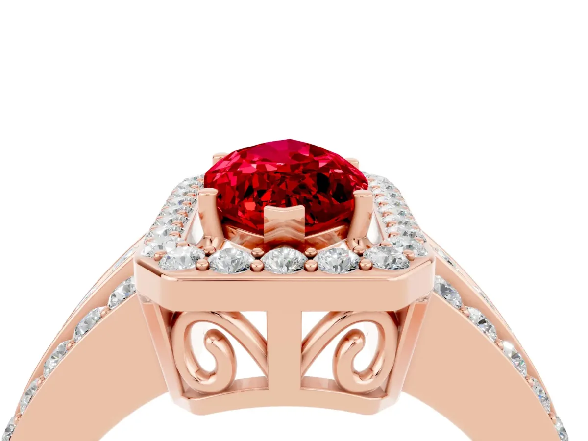 Marquise Cut Halo Ruby Ring with Round Split Shank and Prong Setting Rose gold