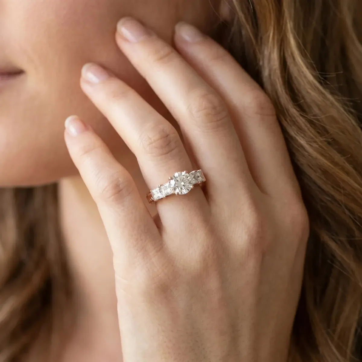 Round Cut Solitaire Princess Side Stone Engraved Band Prong Setting Ring Rose gold