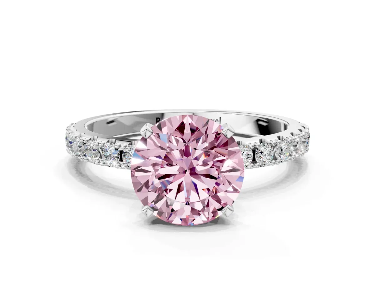 Fancy Pink Round Cut Diamond Solitaire Pavé Band with Four-Prong Setting Silver