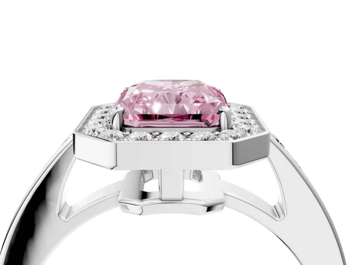 Fancy Pink Radiant Cut Halo Pavé Diamond Engagement Ring with Bezel Setting Silver