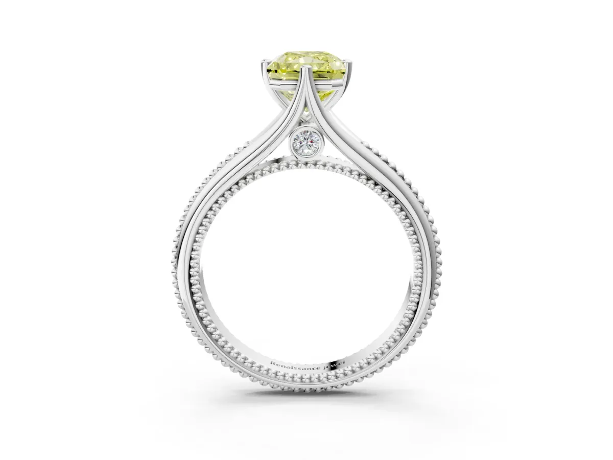 Fancy Yellow Radiant Cut Solitaire Beaded Band Six-Prong Setting Platinum