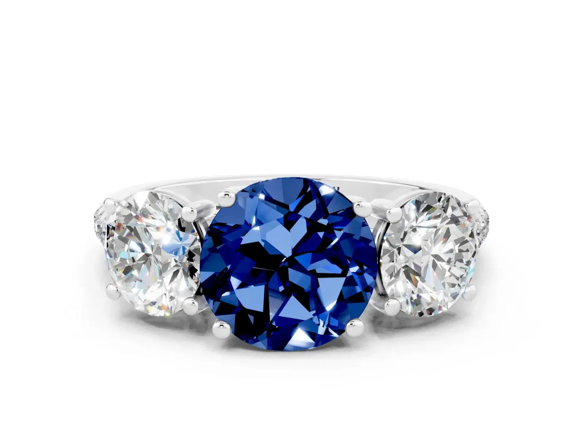Three-Stone Round Cut Blue Sapphire Ring with Round Pavé Band and Prong Setting Silver
