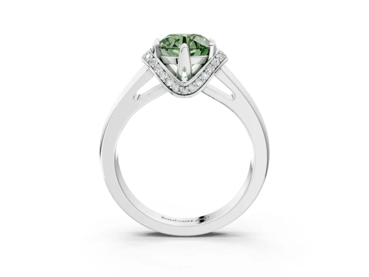 Fancy Green Round Cut Solitaire Diamond Ring with Pave Band and Six-Prong Setting Silver