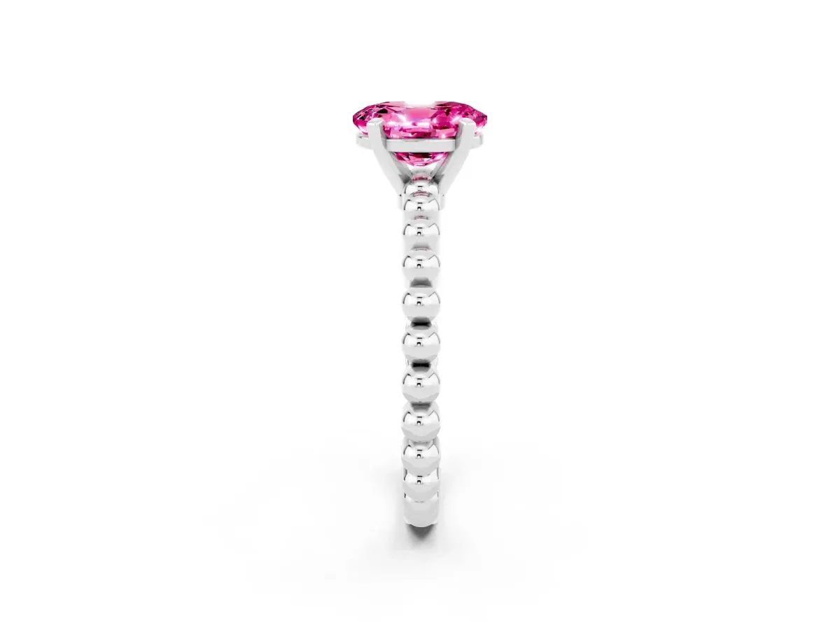 Oval Cut Pink Sapphire Solitaire Ring with Beaded Band and Prong Setting Silver