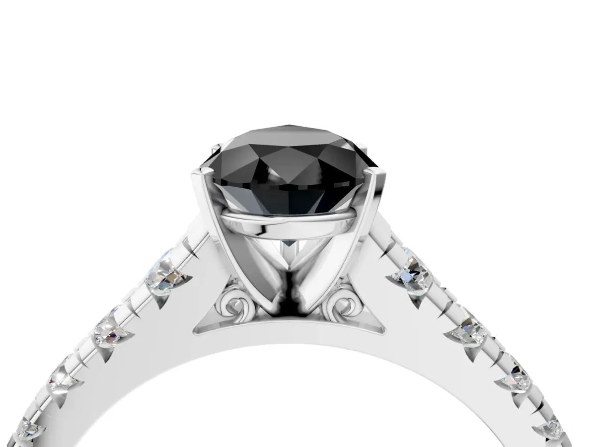 Fancy Black Pear Cut Diamond Cathedral Solitaire Ring with Round Pavé Band Silver