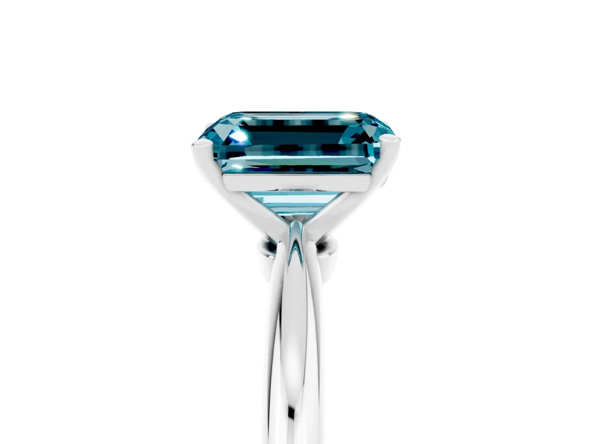 Emerald Cut Blue Topaz Solitaire Ring with Six-Prong Setting and Classic Band Platinum