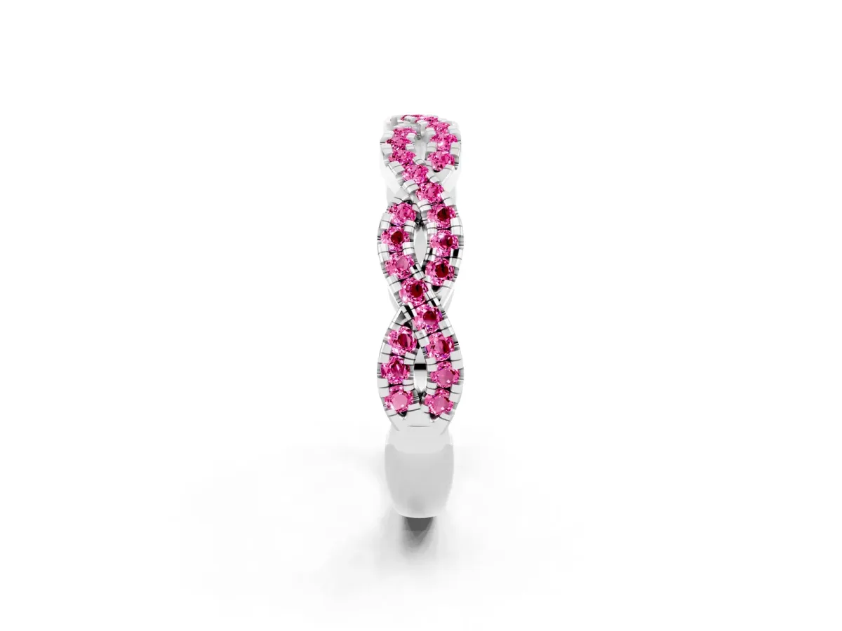 Round Pink Sapphire Twisted Eternity Band with Pavé and Shared Prong Setting Platinum