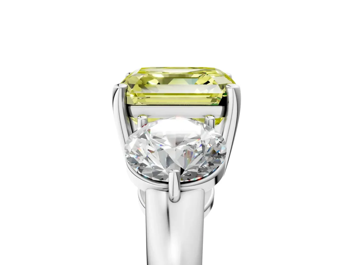 Fancy Yellow Asscher Cut Diamond Three-Stone Ring with Prong Setting and Classic Band Platinum