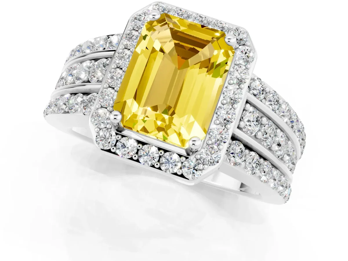 Emerald Cut Halo Yellow Sapphire Ring with Round Split Shank and Prong Setting Platinum