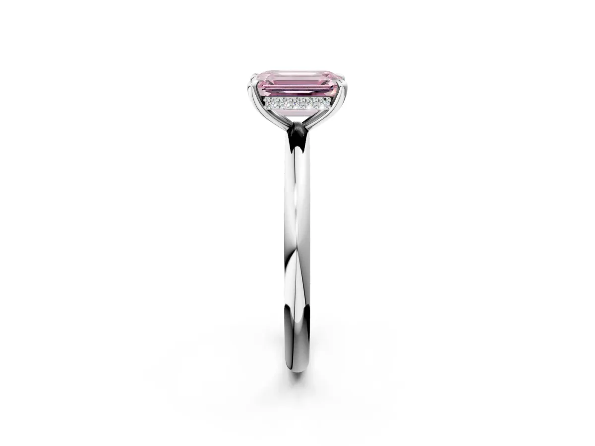 Fancy Pink Emerald Cut Diamond Solitaire Ring with Thin Band and Four-Prong Setting Platinum