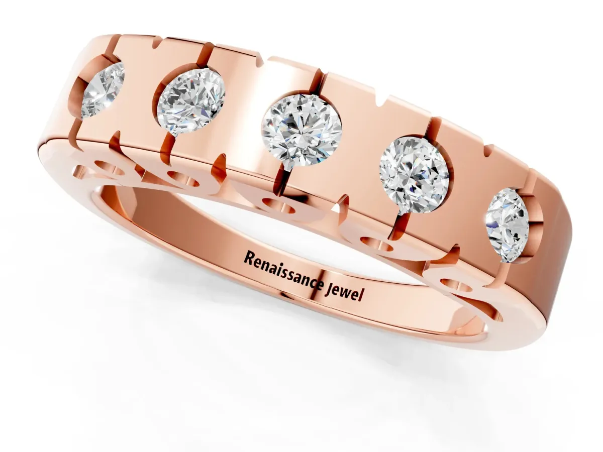 Channel Set Round Diamond Flat Band with Prong Setting Rose gold