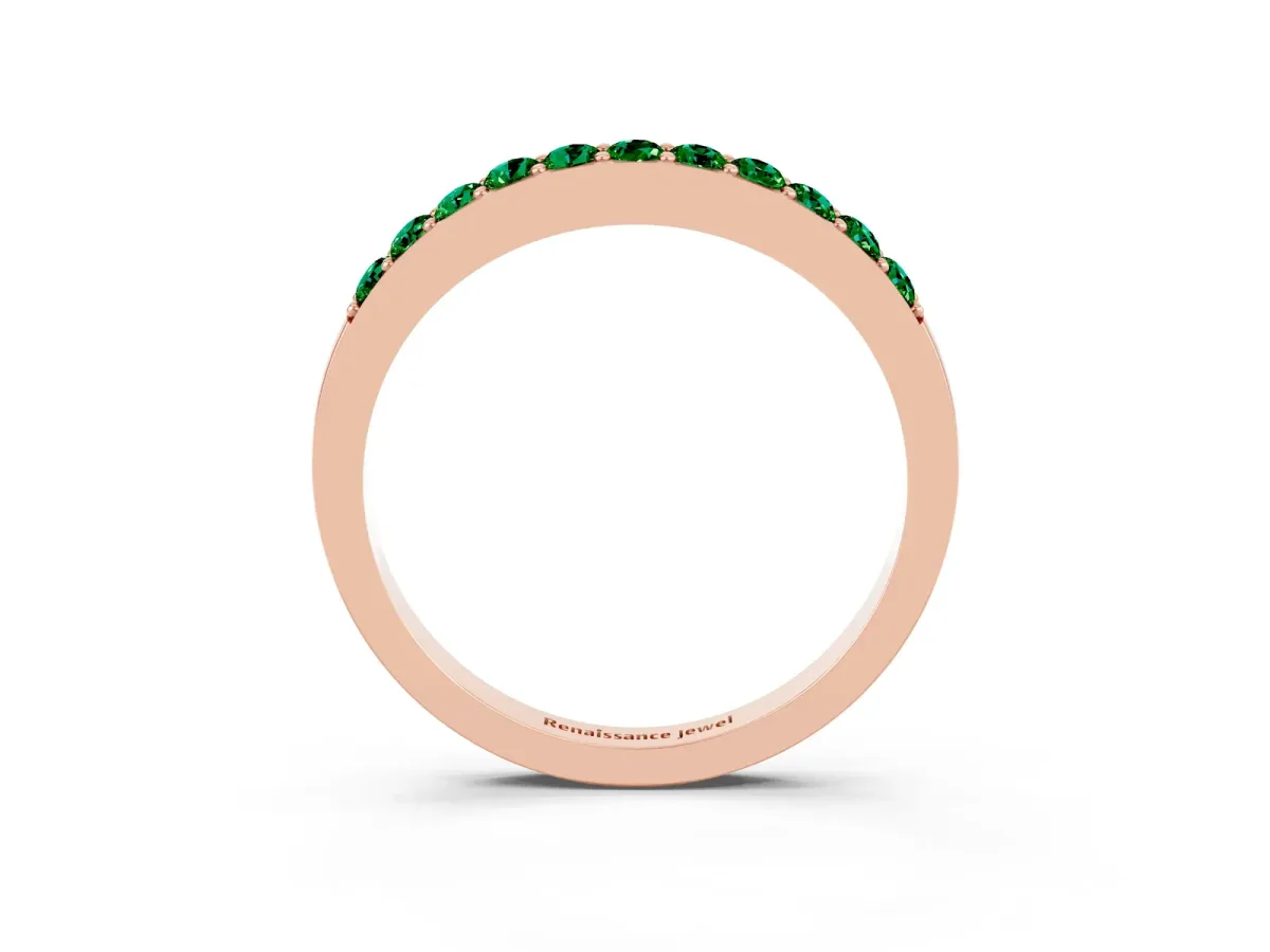 Round Emerald Curved Wedding Band with Channel Setting Rose gold