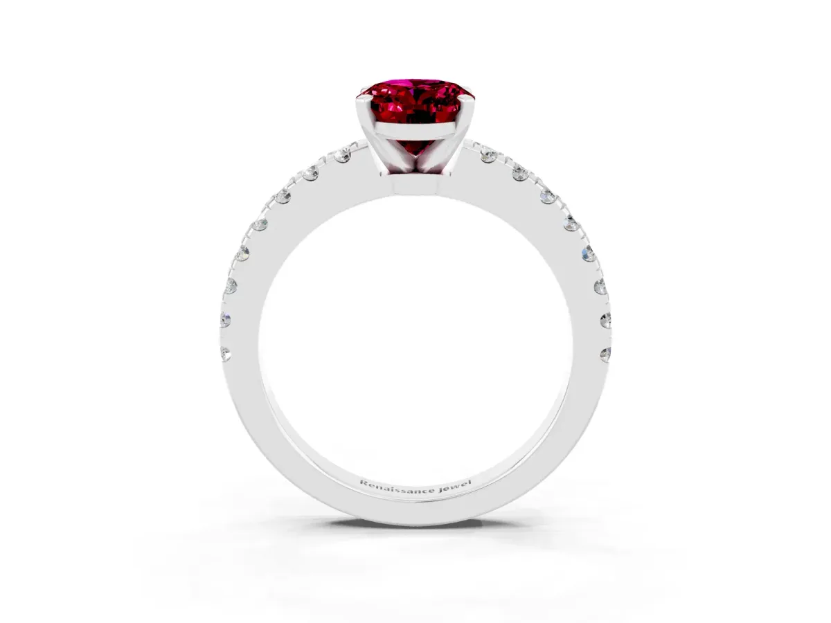 Oval Cut Solitaire Garnet with Pavé Band and Four-Prong Setting Silver