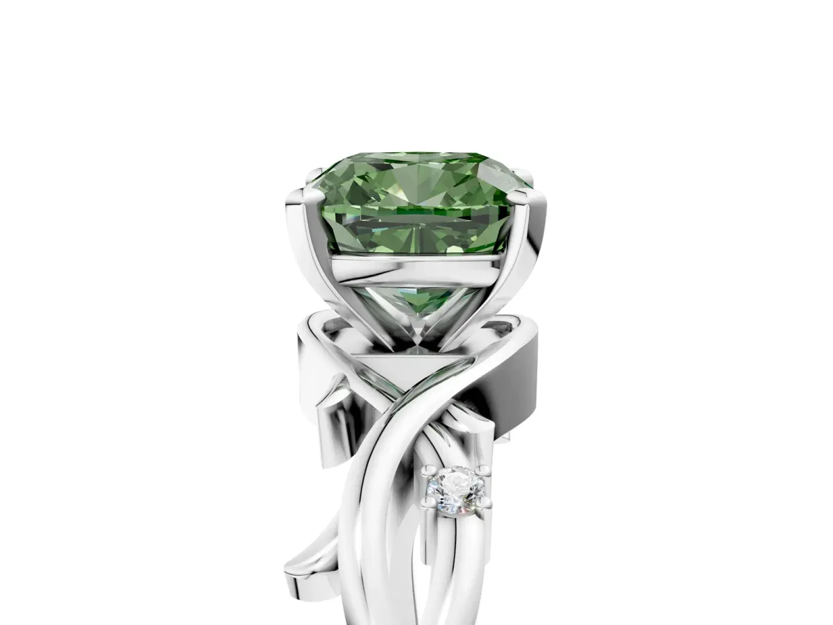 Fancy Green Cushion Cut Diamond Solitaire Ring with Twisted Band and Prong Setting Silver
