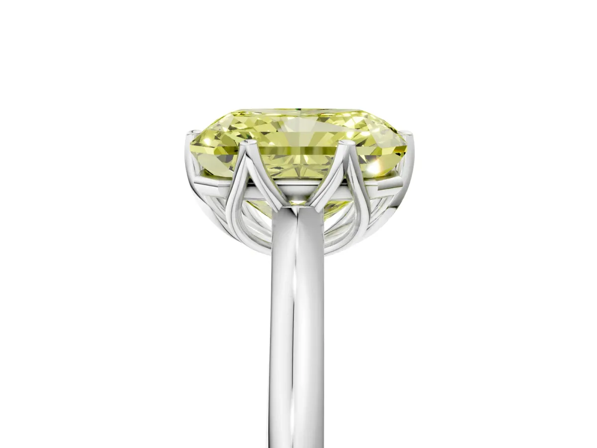 Fancy Yellow Radiant Cut Solitaire Cathedral Diamond Ring with Six-Prong Setting Platinum
